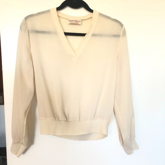 VINTAGE Daniel Martin by Boyd Babbitt Sheer Cream Long Sleeve V-Neck Blouse Top - Picture 5 of 9